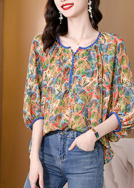 Loose O-Neck Print Patchwork Silk Tops Spring