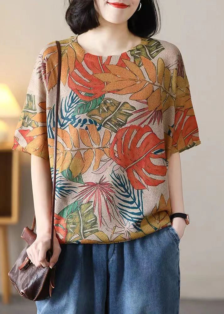 Loose Orange O Neck Print Cotton Knit T Shirt Summer