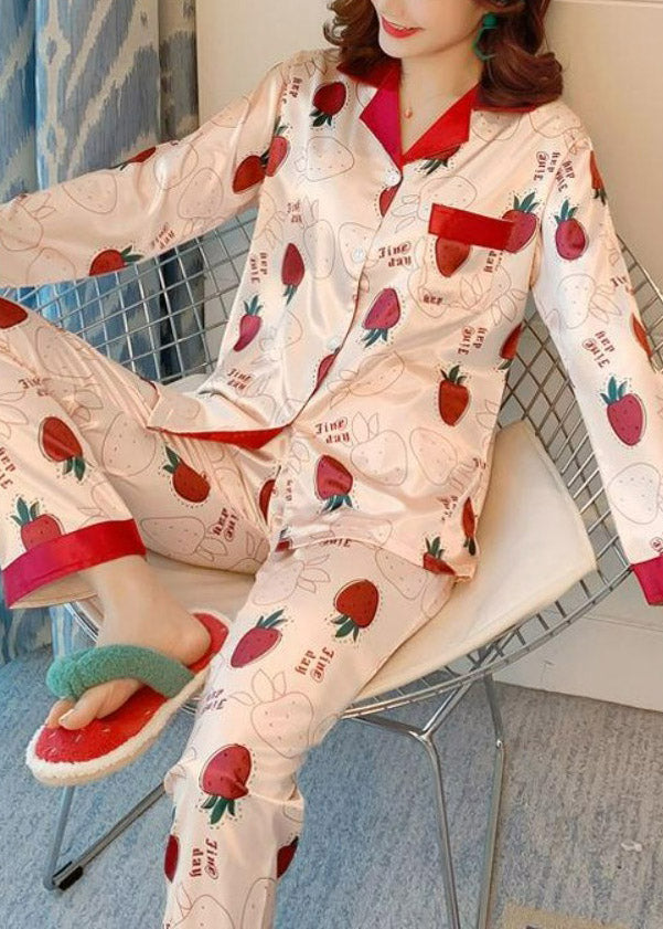 Loose Orange O-Neck Print Cotton Pajamas Two Pieces Set Short Sleeve