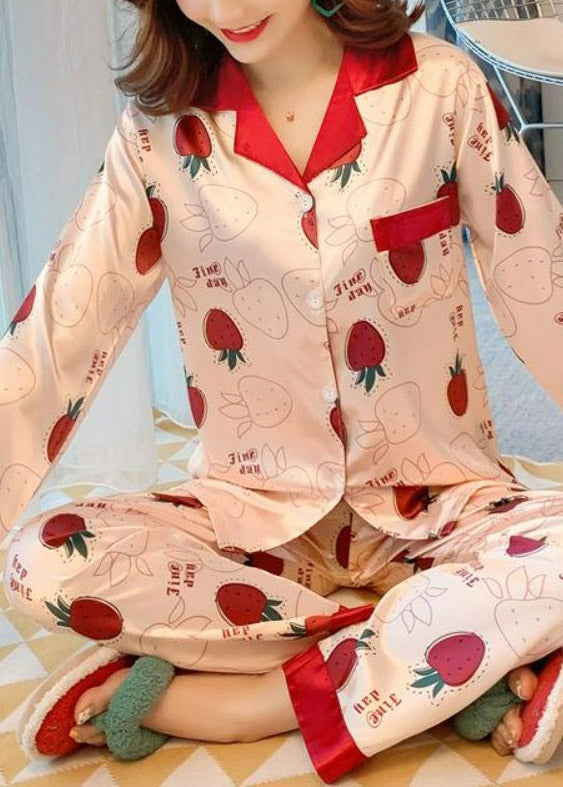 Loose Orange O-Neck Print Cotton Pajamas Two Pieces Set Short Sleeve