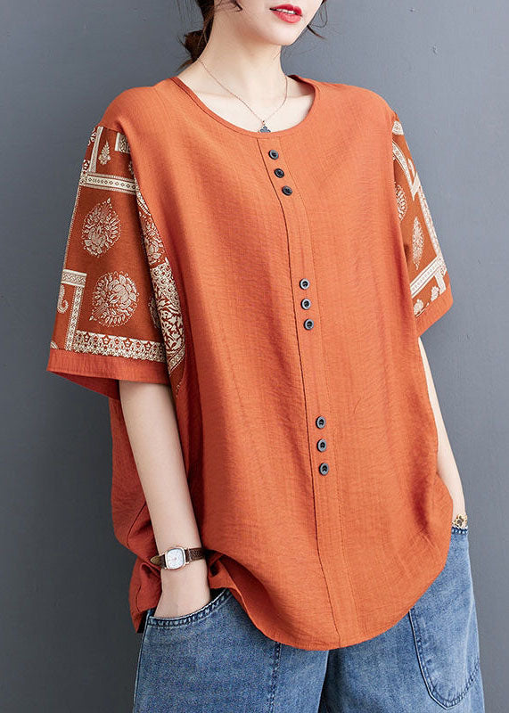 Loose Orange O Neck Print Patchwork Cotton T Shirt Top Short Sleeve