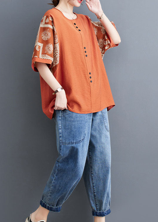 Loose Orange O Neck Print Patchwork Cotton T Shirt Top Short Sleeve