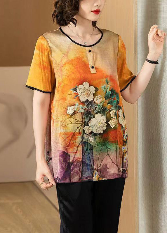 Loose Orange O Neck Print Patchwork Silk T Shirt Summer