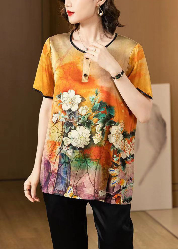 Loose Orange O Neck Print Patchwork Silk T Shirt Summer