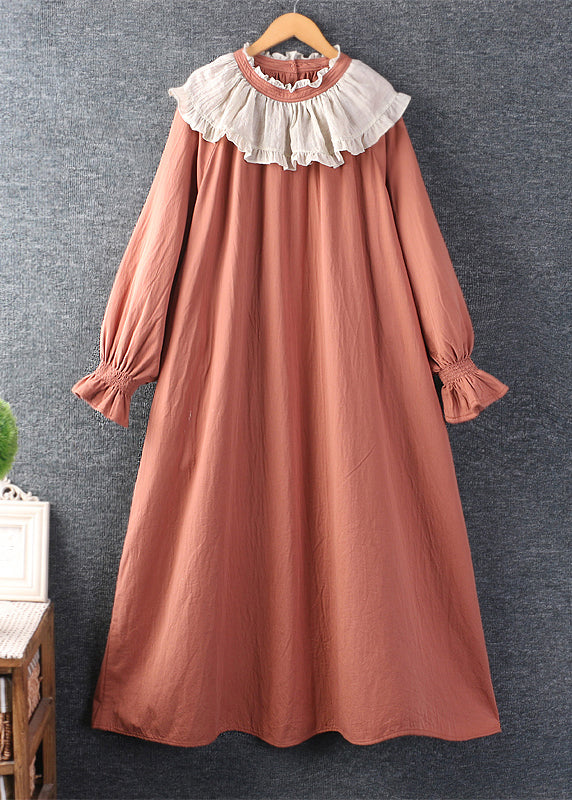 Loose Orange Ruffled Patchwork Cotton Long Dress Spring