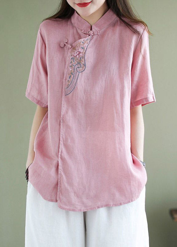 Loose Orange Stand Collar Embroideried Button Shirt Short Sleeve