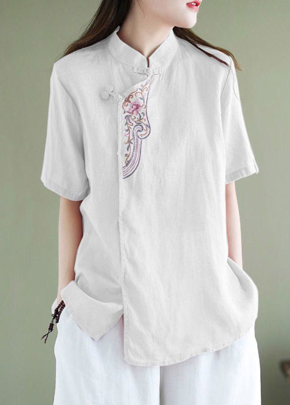 Loose Orange Stand Collar Embroideried Button Shirt Short Sleeve