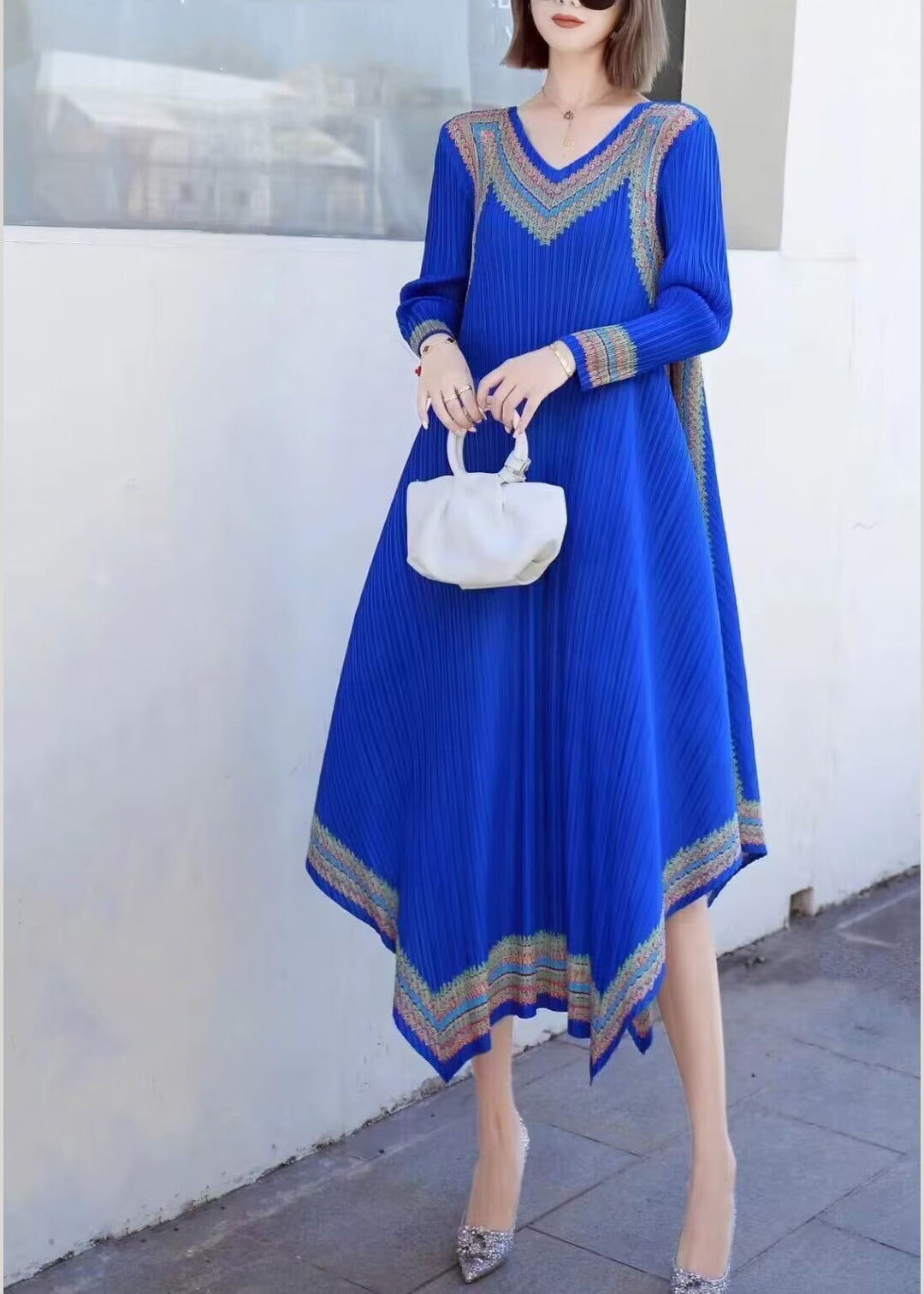 Loose Orange V Neck Asymmetrical Print Party Long Dress Spring