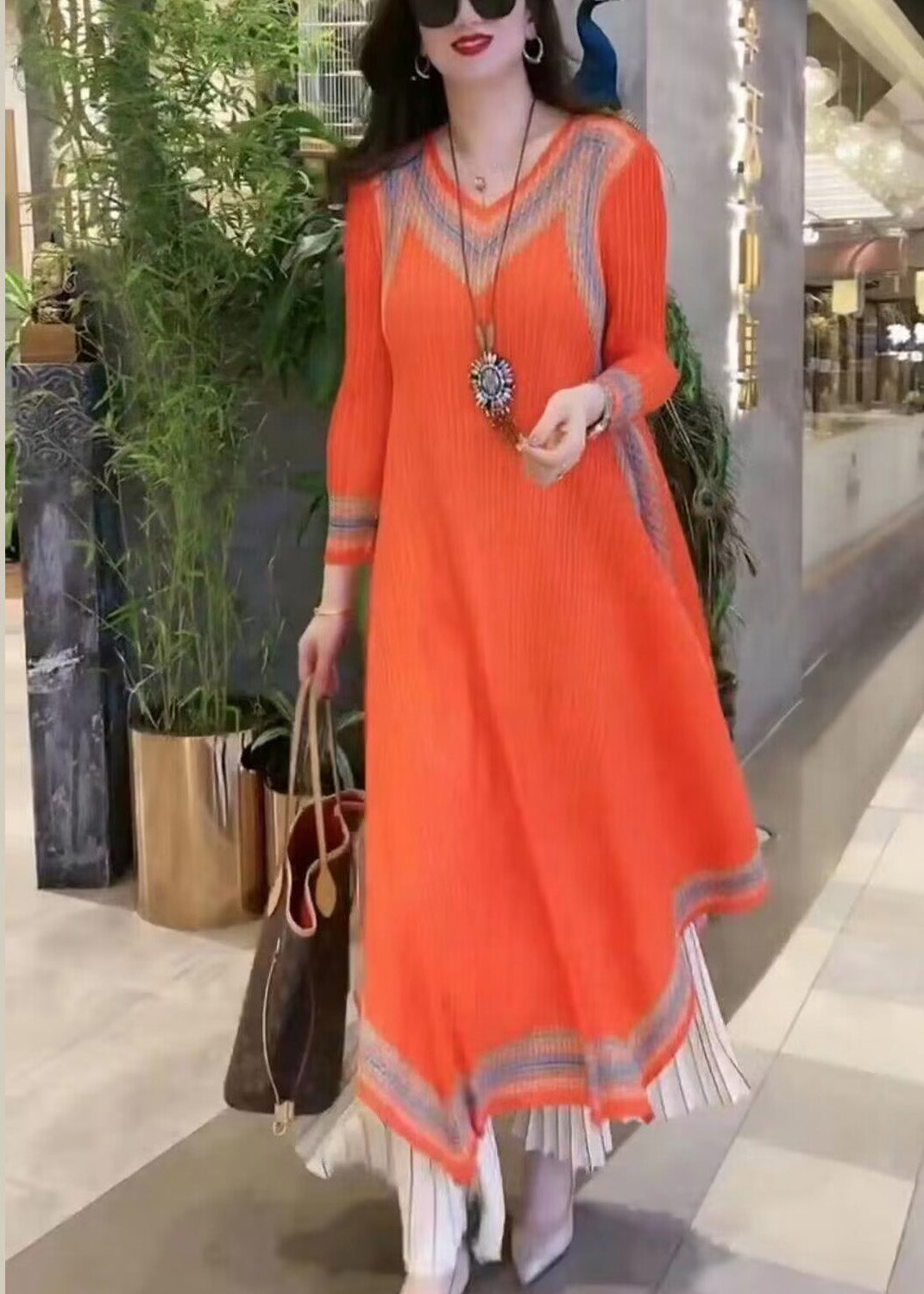 Loose Orange V Neck Asymmetrical Print Party Long Dress Spring