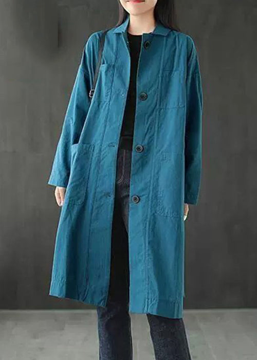 Loose Peacock Blue Button Pockets Tie Waist Cotton Coat Fall