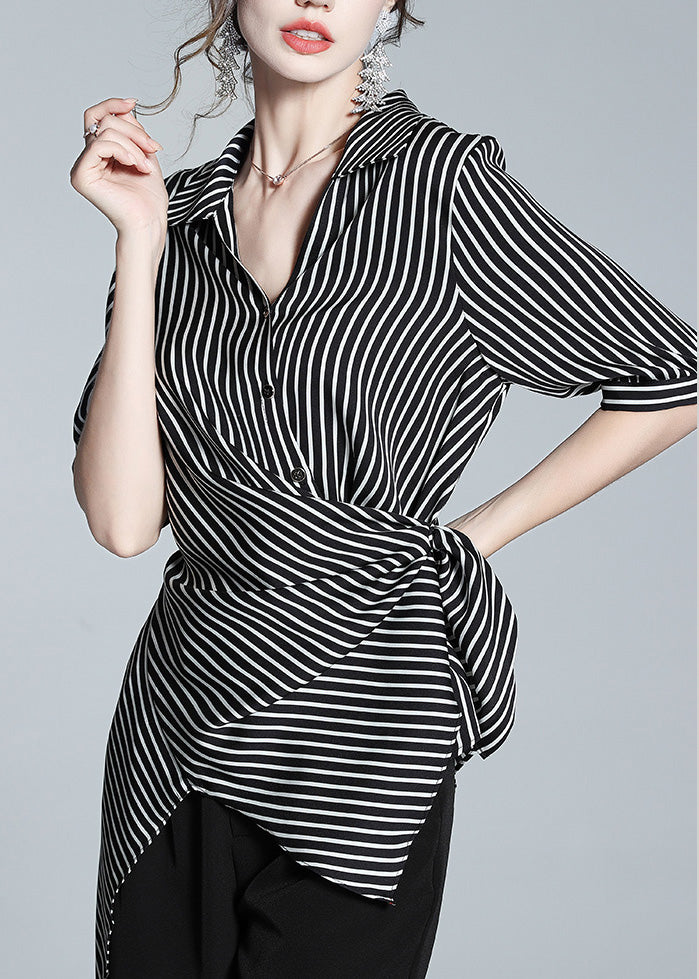 Loose Peter Pan Collar Asymmetrical Striped Silk Shirt Half Sleeve