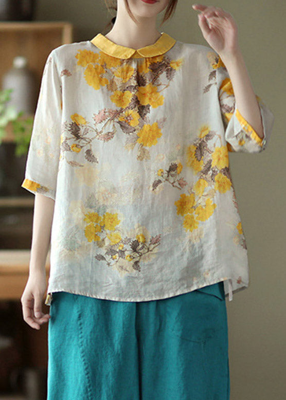 Loose Peter Pan Collar Print Linen Top Half Sleeve