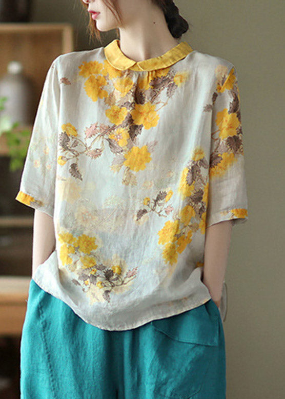 Loose Peter Pan Collar Print Linen Top Half Sleeve