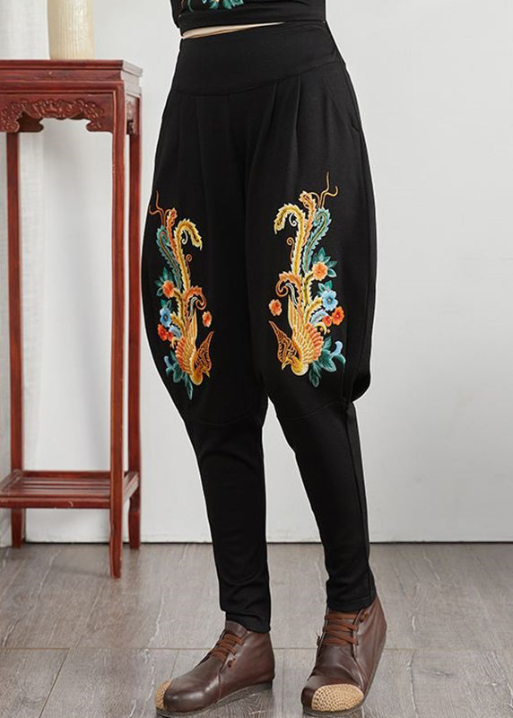 Loose Phoenix Embroideried Pockets Patchwork Cotton Pants Fall