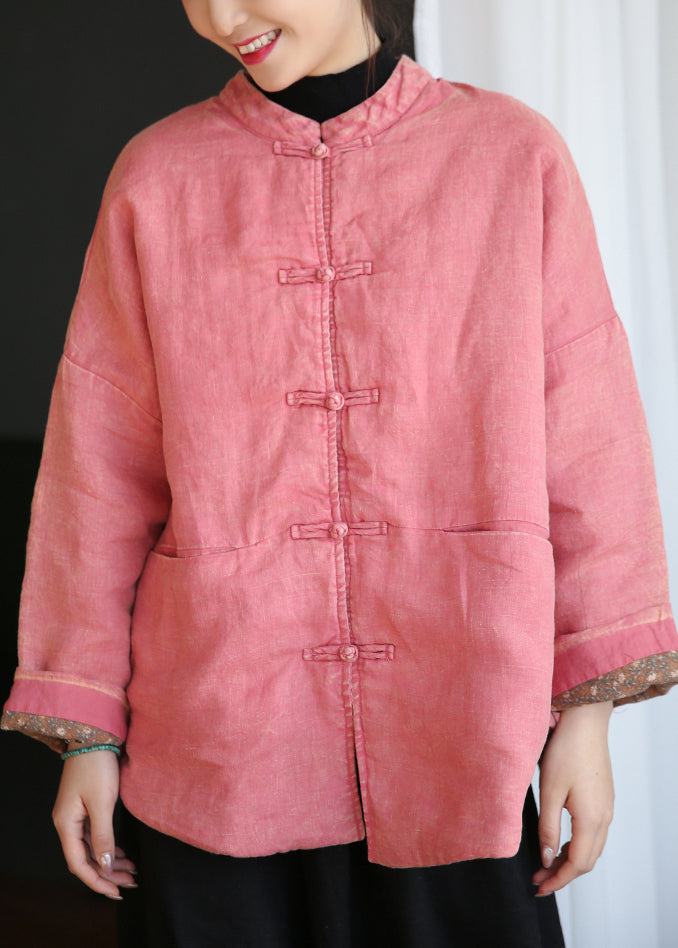 Loose Pink Button Pockets Cotton Filled Coats Long Sleeve