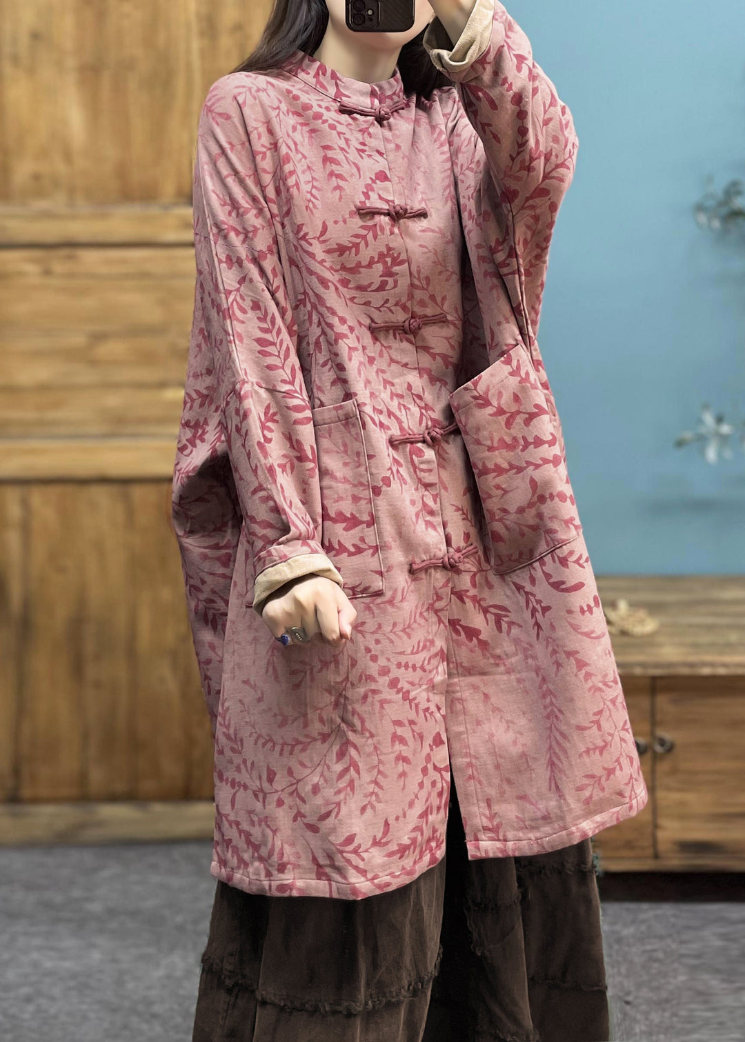 Loose Pink Button Pockets Linen Coat Long Sleeve