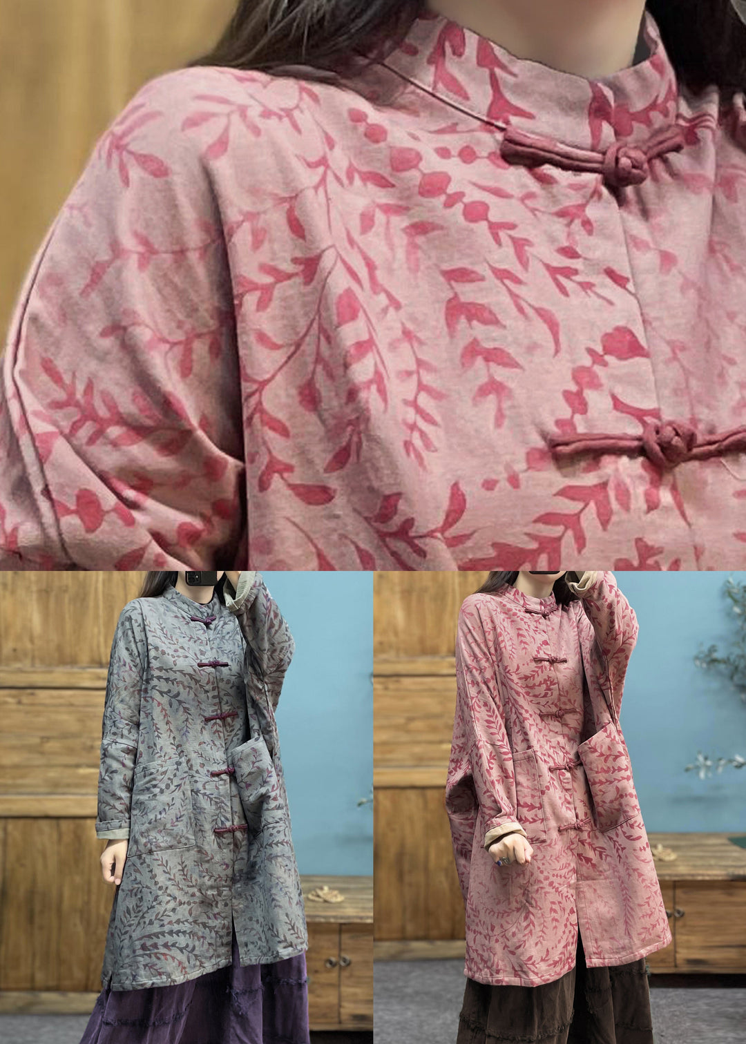 Loose Pink Button Pockets Linen Coat Long Sleeve