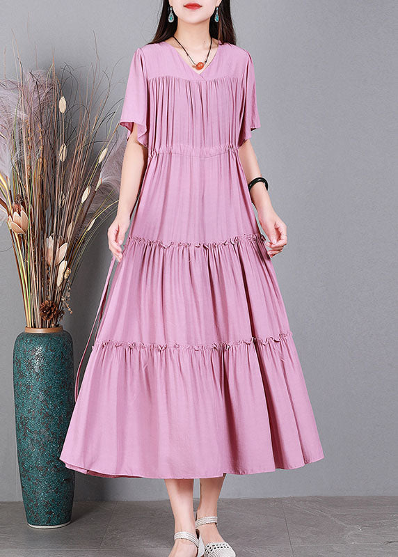 Loose Pink Drawstring Patchwork Ruffled Cotton Pleated Dresses Short Sleeve