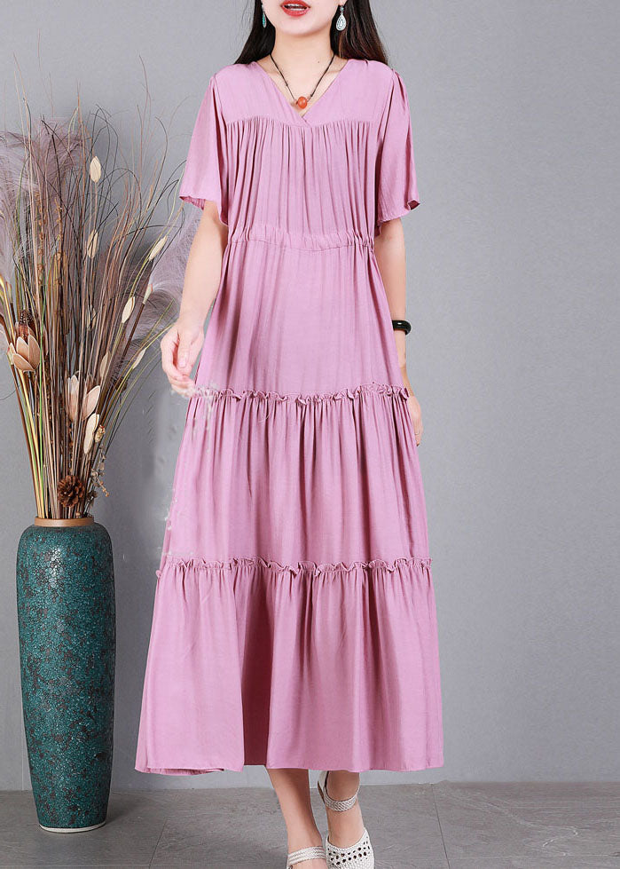 Loose Pink Drawstring Patchwork Ruffled Cotton Pleated Dresses Short Sleeve