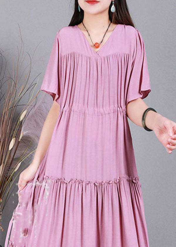 Loose Pink Drawstring Patchwork Ruffled Cotton Pleated Dresses Short Sleeve