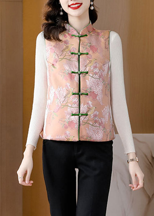 Loose Pink Embroideried Floral Button Cotton Waistcoat Spring