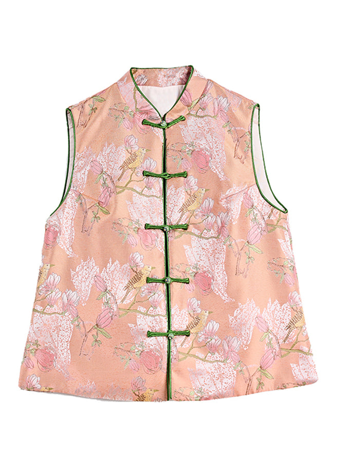 Loose Pink Embroideried Floral Button Cotton Waistcoat Spring