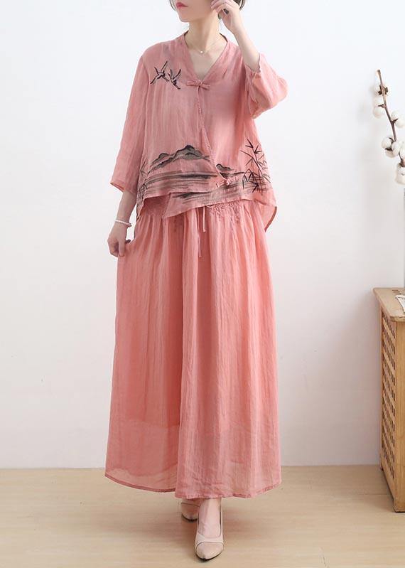 Loose Pink Embroideried Oriental Two Pieces Set Summer Linen - Omychic