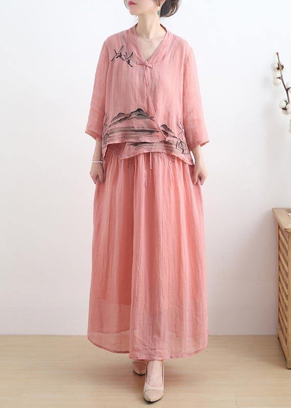 Loose Pink Embroideried Oriental Two Pieces Set Summer Linen - Omychic