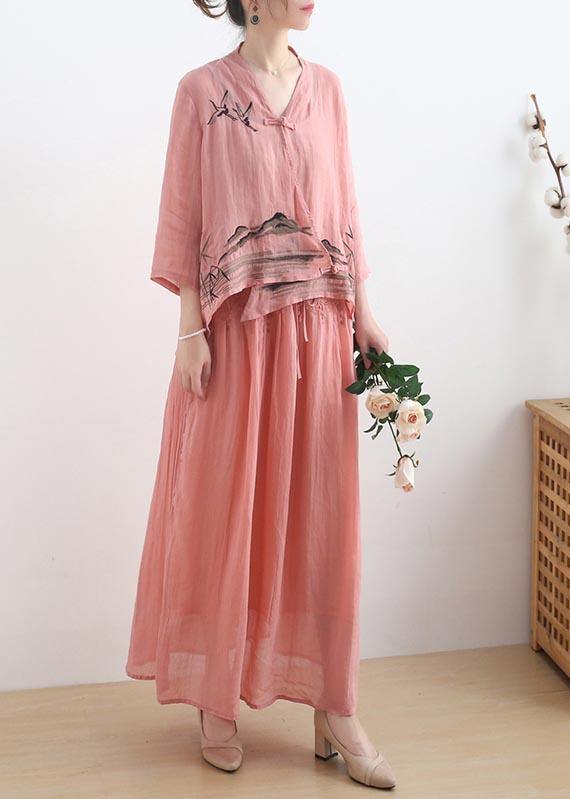 Loose Pink Embroideried Oriental Two Pieces Set Summer Linen - Omychic