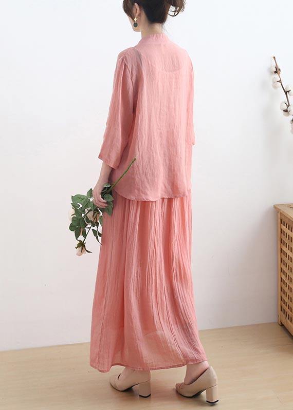 Loose Pink Embroideried Oriental Two Pieces Set Summer Linen - Omychic