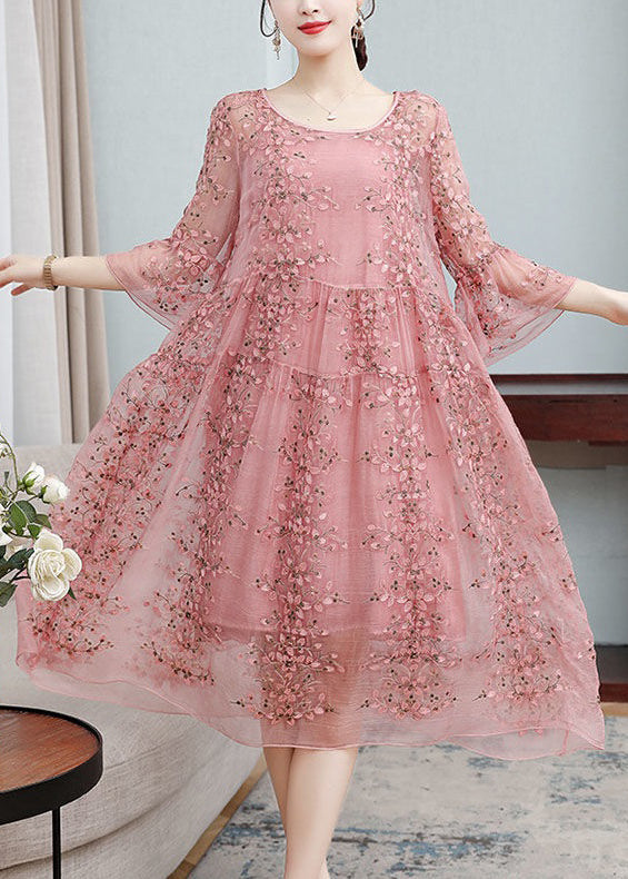 Loose Pink Embroidered Ruffled Lace Silk Dresses Flare Sleeve