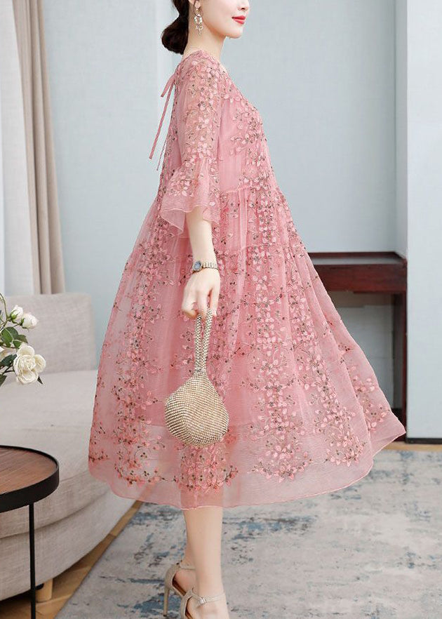 Loose Pink Embroidered Ruffled Lace Silk Dresses Flare Sleeve
