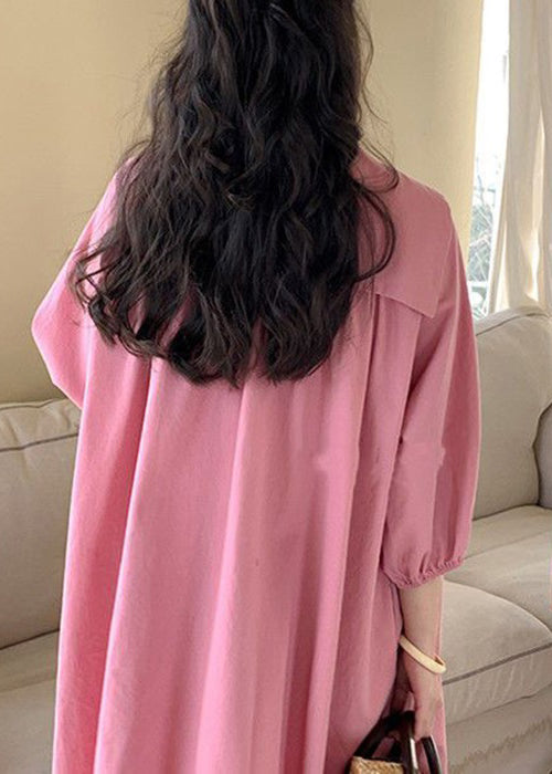 Loose Pink Lace Up Button Cotton Blouses Dress Long Sleeve