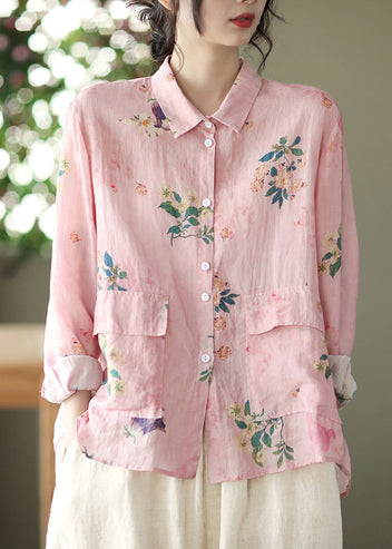 Pink Linen Relaxed Fit Long Sleeve Shirt for Elegant Casual Wear