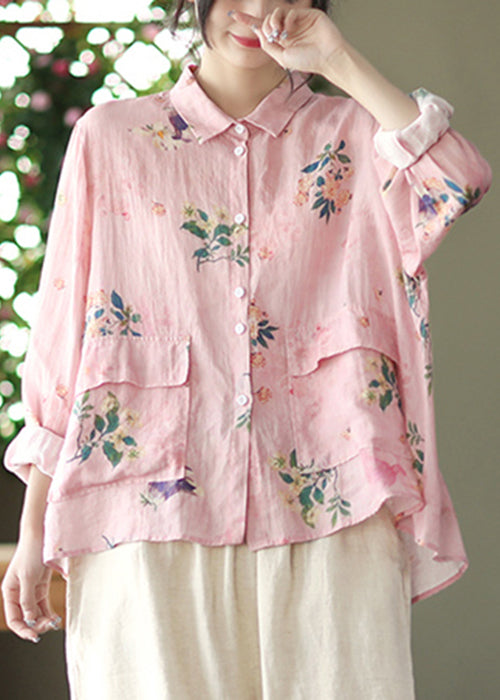 Loose Pink Low High Design Linen Shirt Long Sleeve