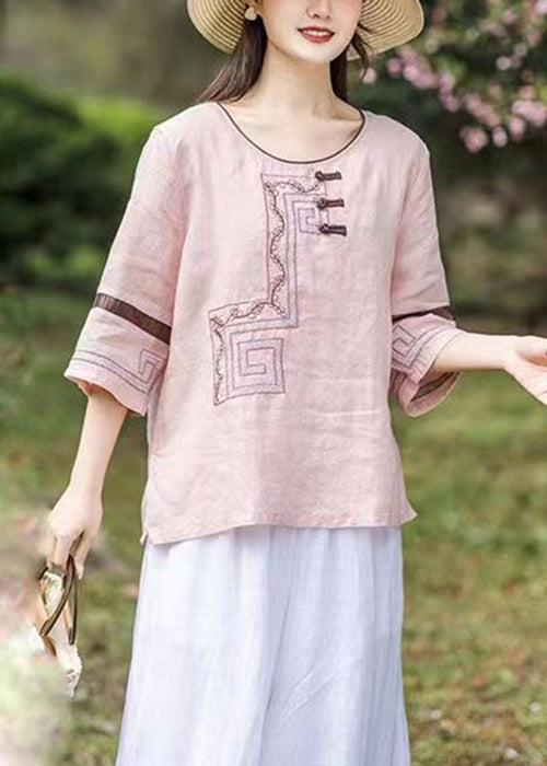 Loose Pink O-Neck Embroideried Patchwork Linen T Shirts Bracelet Sleeve