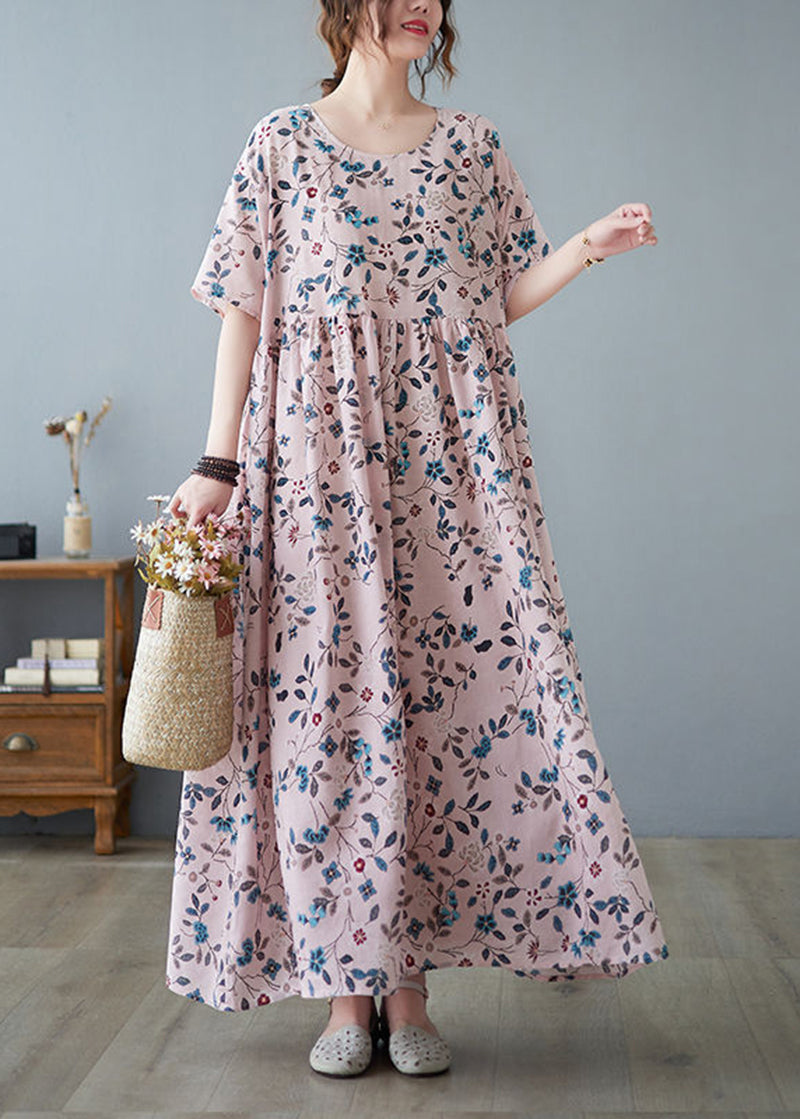 Loose Pink O-Neck Print Exra Large Hem Cotton Dress