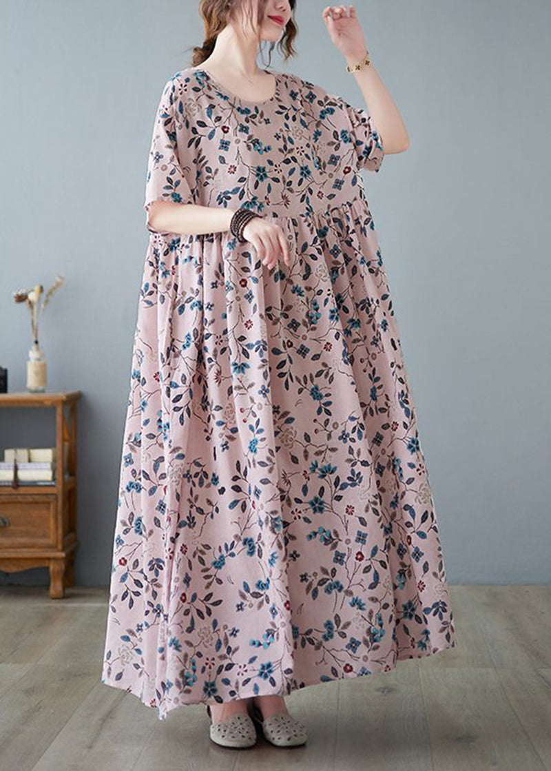 Loose Pink O-Neck Print Exra Large Hem Cotton Dress