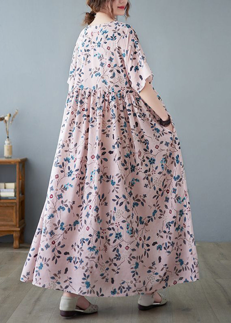 Loose Pink O-Neck Print Exra Large Hem Cotton Dress