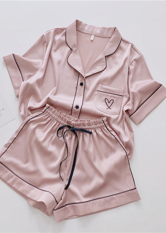 Loose Pink Peter Pan Collar Love Patchwork Ice Silk Pajamas Two Pieces Set Summer