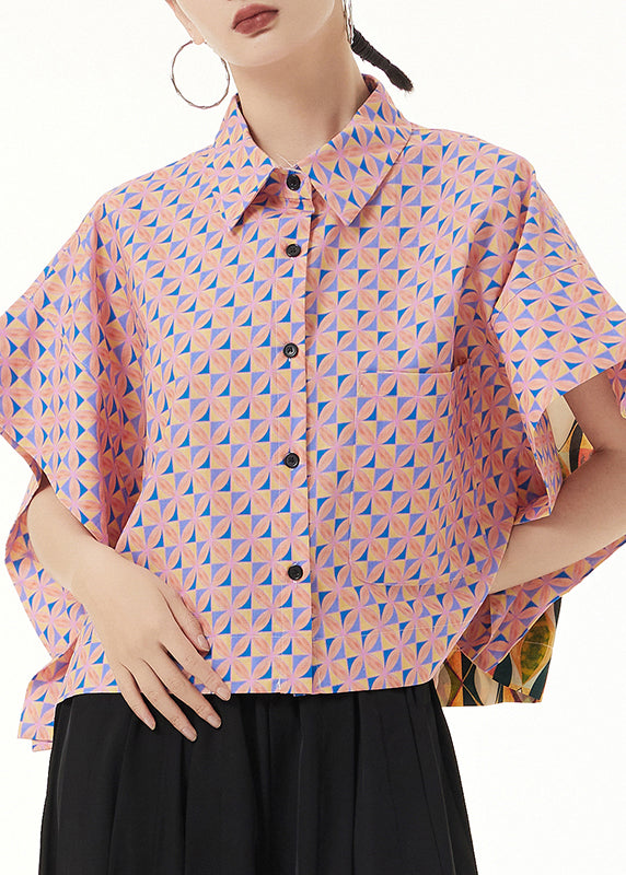 Loose Pink Peter Pan Collar Print Patchwork Cotton Shirt Summer