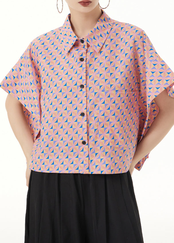 Loose Pink Peter Pan Collar Print Patchwork Cotton Shirt Summer