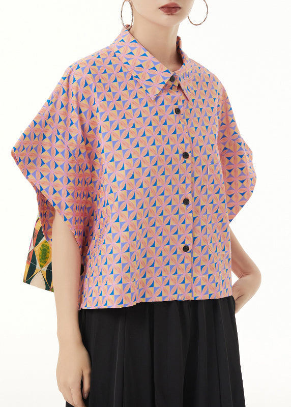 Loose Pink Peter Pan Collar Print Patchwork Cotton Shirt Summer