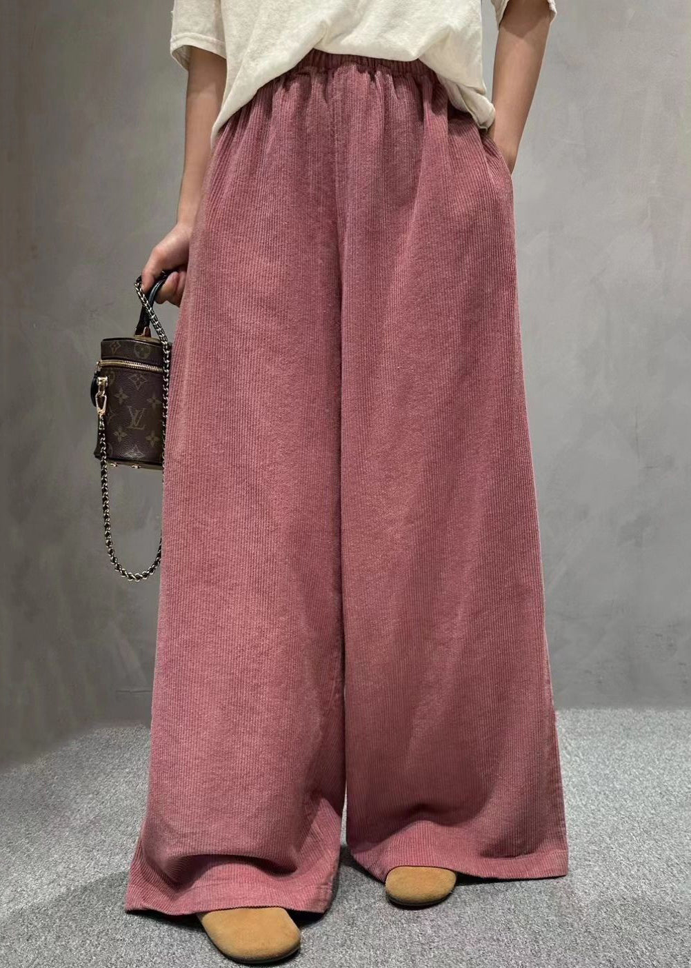 Loose Pink Pockets Elastic Waist Corduroy Wide Leg Pants Spring