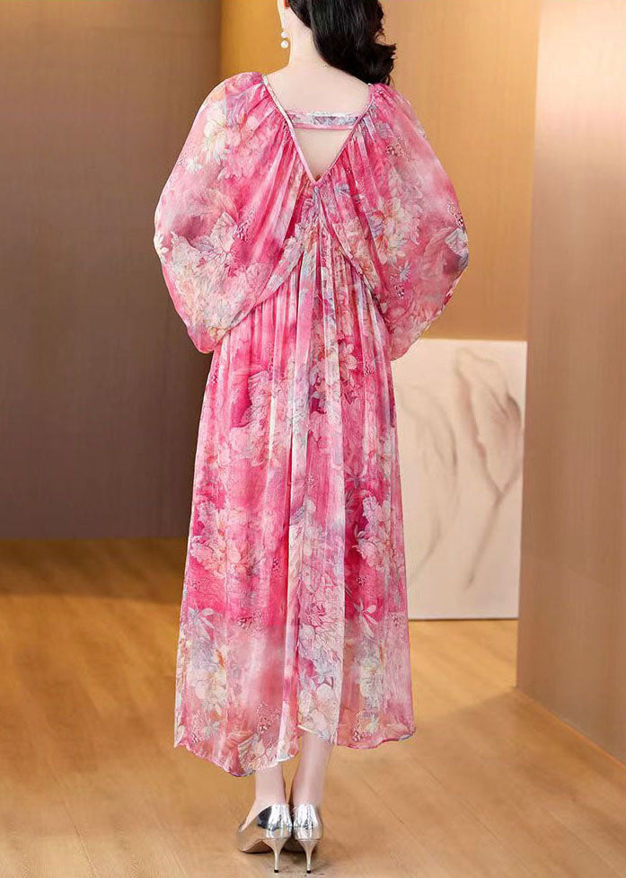 Loose Pink Print Wrinkled Silk Maxi Dresses Flare Sleeve