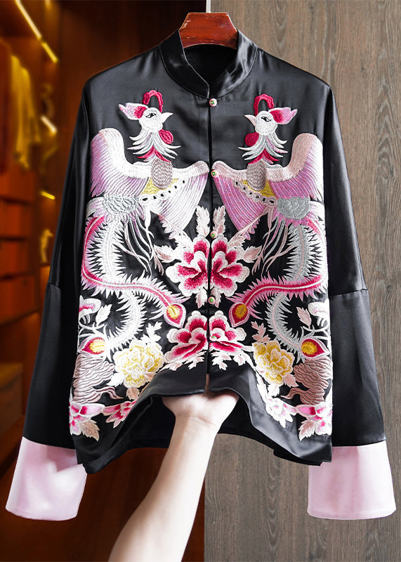 Loose Pink Stand Collar Embroideried Patchwork Silk Coats Fall