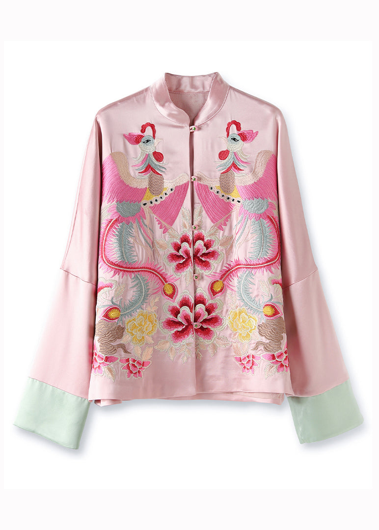 Loose Pink Stand Collar Embroideried Patchwork Silk Coats Fall