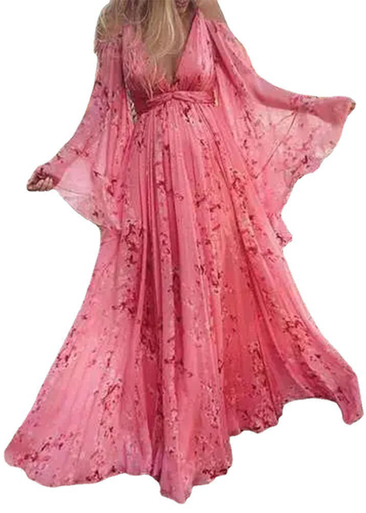 Loose Pink V Neck Wrinkled Print Chiffon Maxi Dresses Batwing Sleeve
