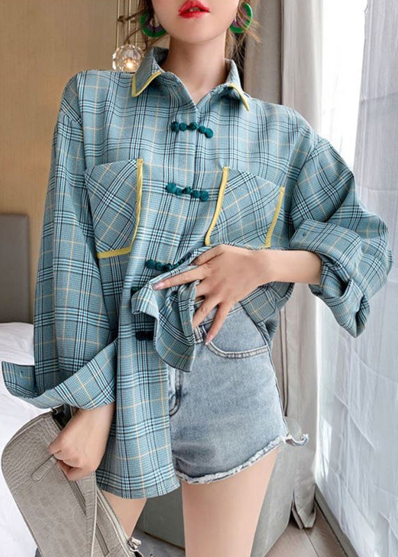 Loose Plaid Peter Pan Collar Button Pockets Cotton Shirt Spring