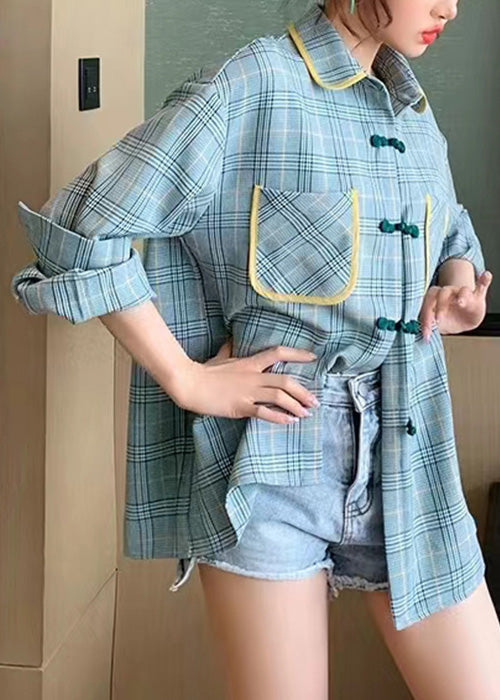 Loose Plaid Peter Pan Collar Button Pockets Cotton Shirt Spring